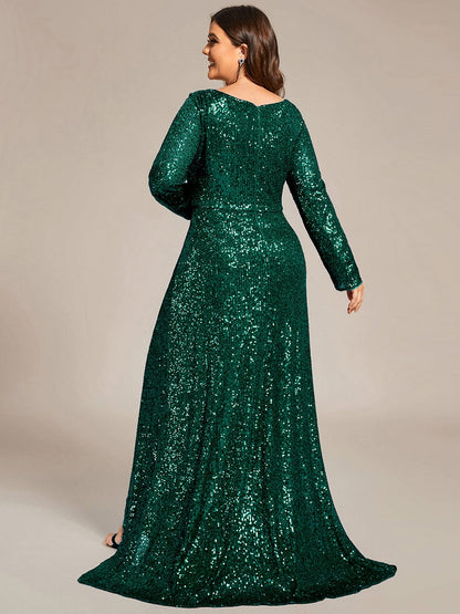 Custom Size Sequin Long Sleeve V-Neck High Slit Bodycon Evening Dress #color_Dark Green