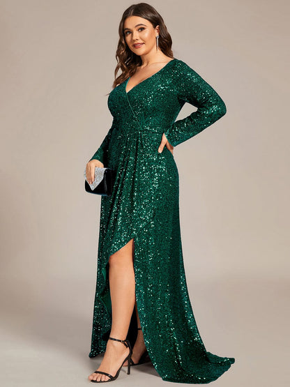 Custom Size Sequin Long Sleeve V-Neck High Slit Bodycon Evening Dress #color_Dark Green