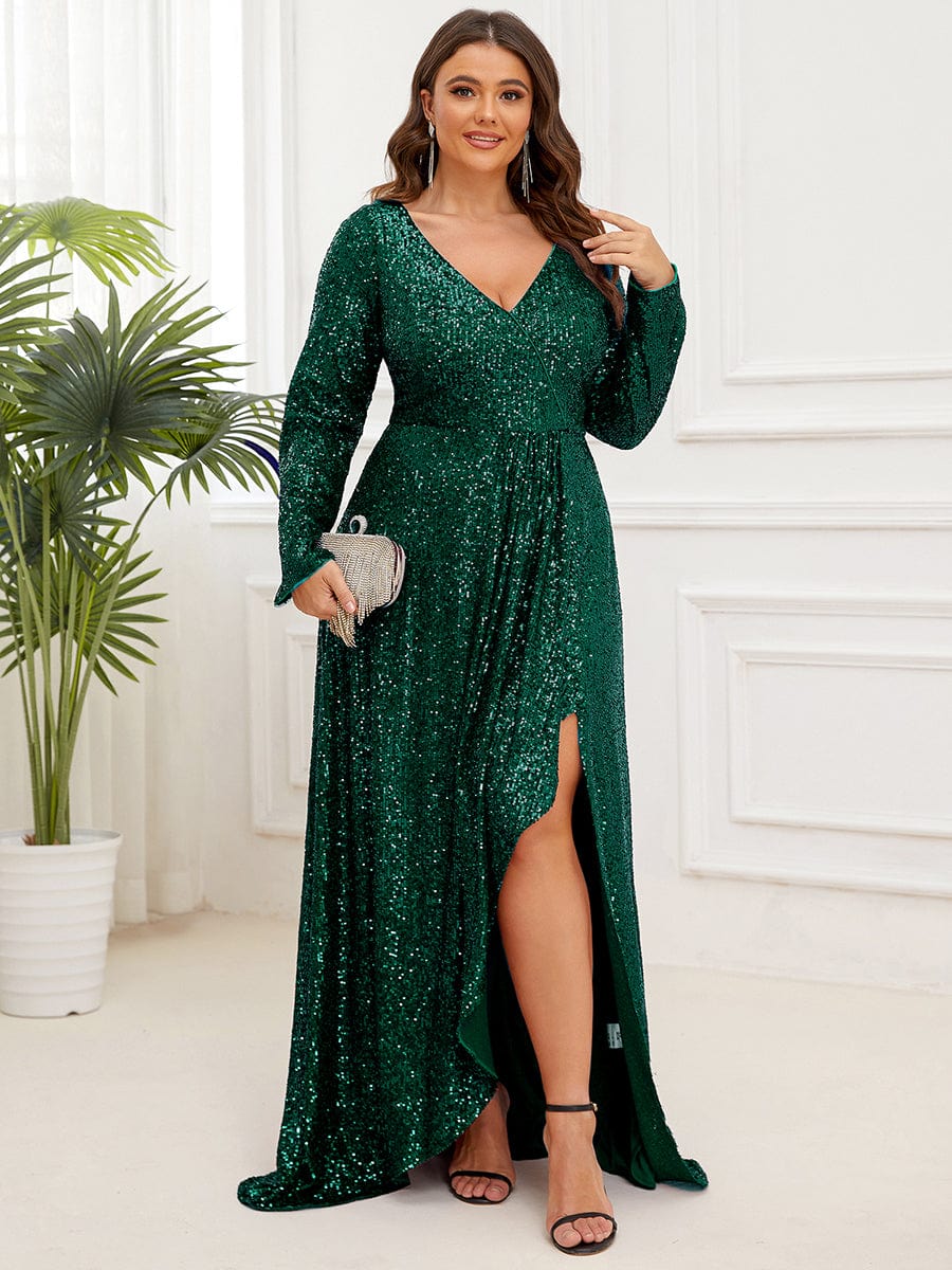 Plus Size Sequin V-Neck Long Sleeve High Slit Bodycon Evening Dress #color_Dark Green