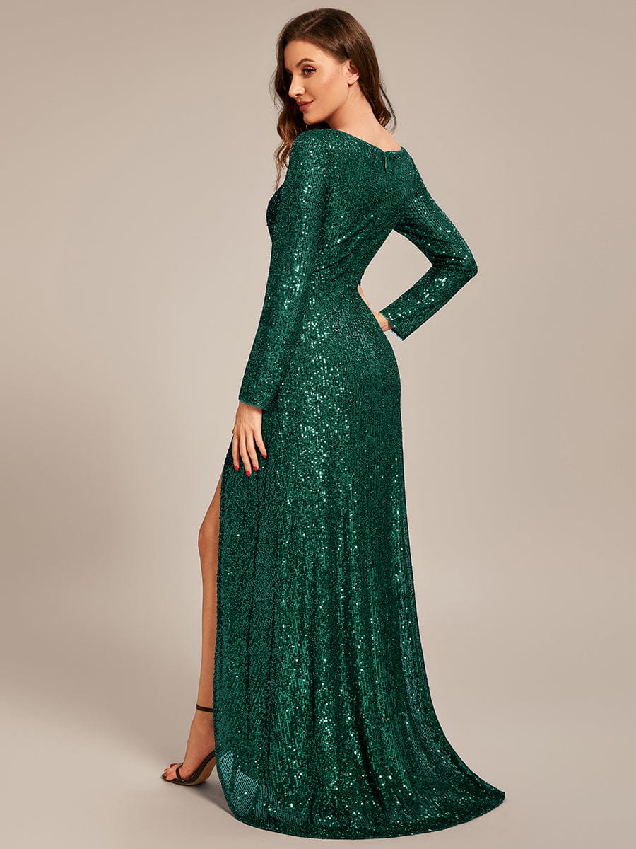 Sequin Long Sleeve V-neck Asymmetrical Hem Evening Dress #color_Dark Green