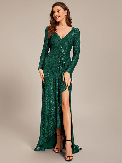 Sequin Long Sleeve V-neck Asymmetrical Hem Evening Dress #color_Dark Green