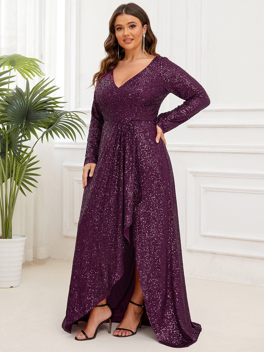 Plus Size Sequin V-Neck Long Sleeve High Slit Bodycon Evening Dress #color_Dark Purple