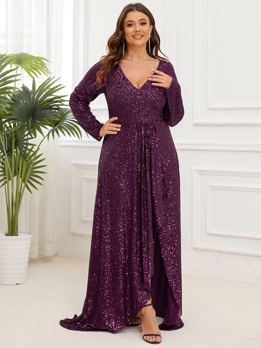 Plus Size Sequin V-Neck Long Sleeve High Slit Bodycon Evening Dress #color_Dark Purple