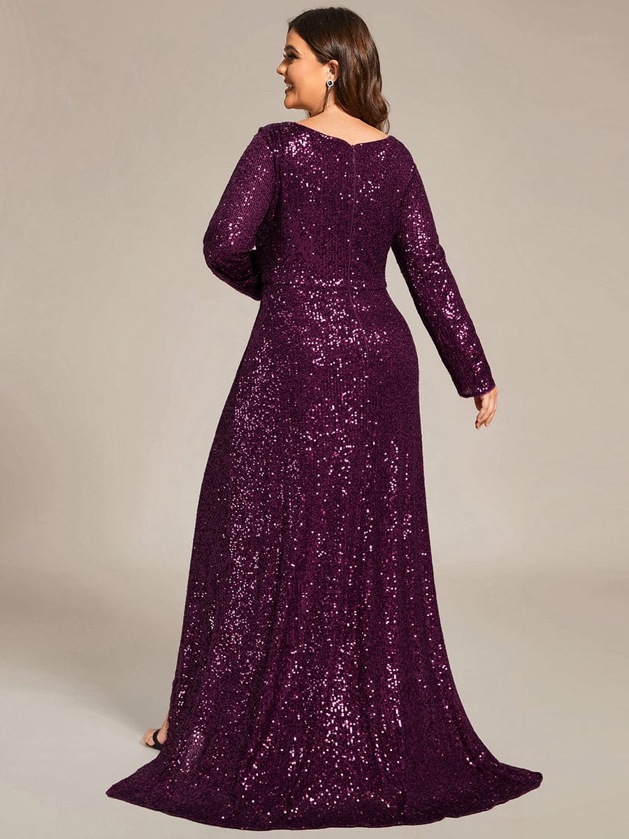 Sequin Long Sleeve V-neck Asymmetrical Hem Evening Dress #color_Dark Purple