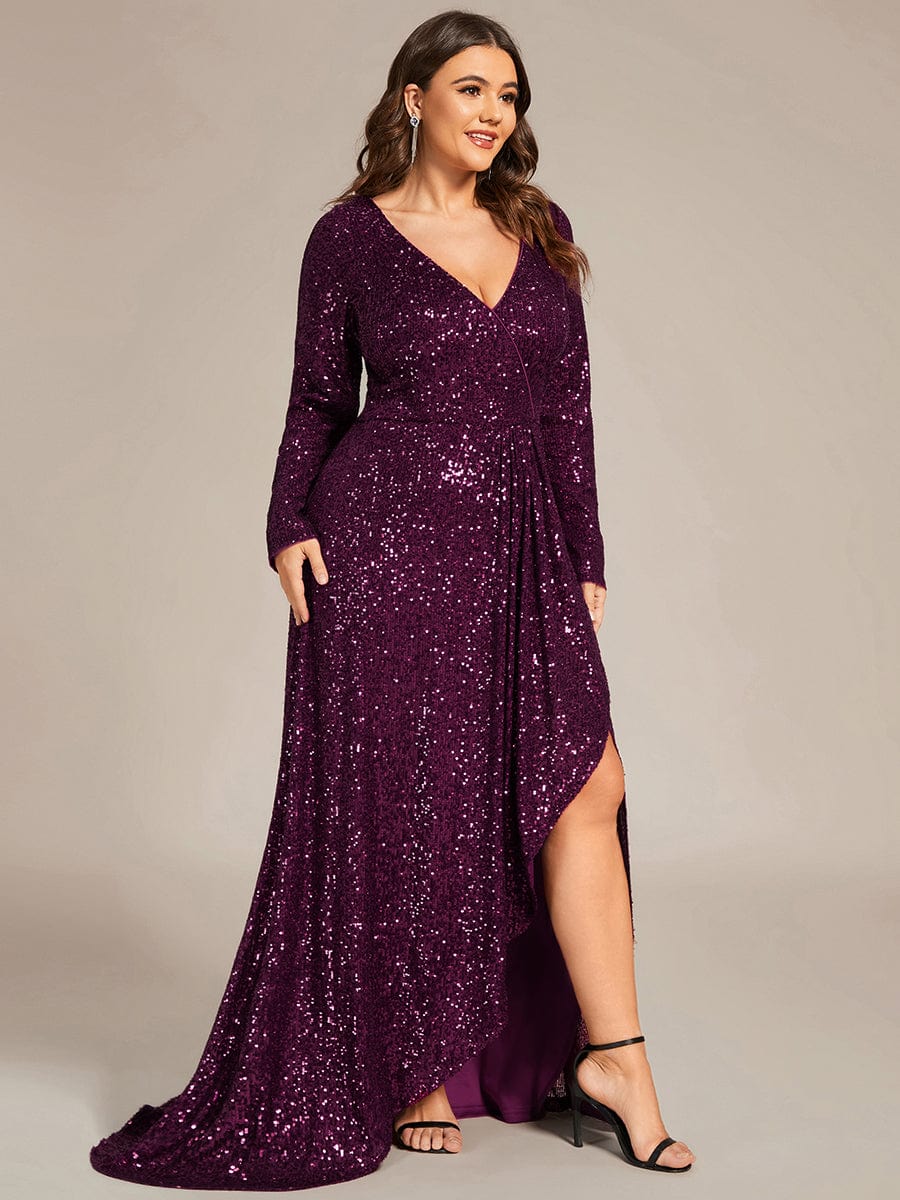 Custom Size Sequin Long Sleeve V-Neck High Slit Bodycon Evening Dress #color_Dark Purple