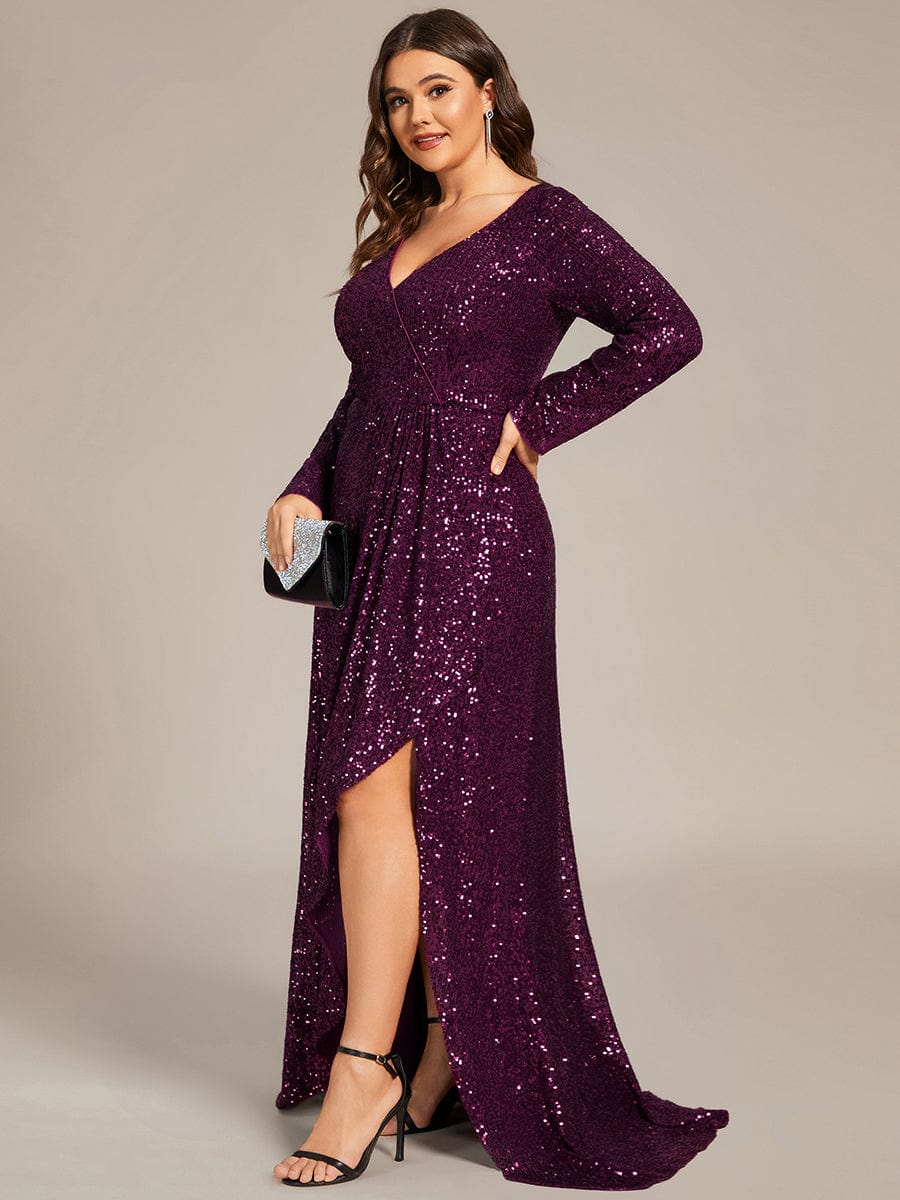 Plus Size Sequin V-Neck Long Sleeve High Slit Bodycon Evening Dress #color_Dark Purple