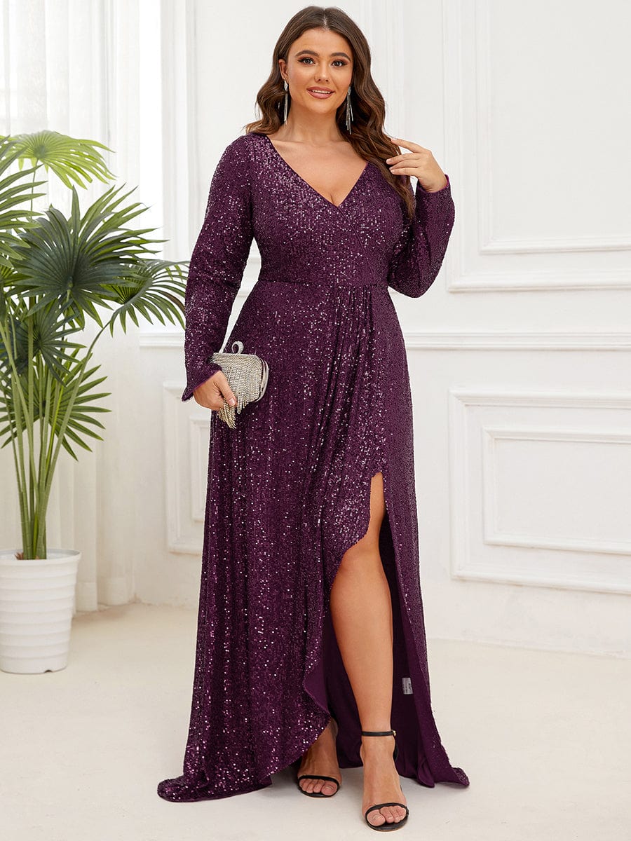 Plus Size Sequin V-Neck Long Sleeve High Slit Bodycon Evening Dress #color_Dark Purple