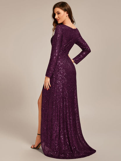 Sequin Long Sleeve V-neck Asymmetrical Hem Evening Dress #color_Dark Purple