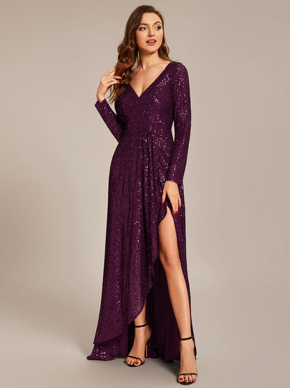 Sequin Long Sleeve V-neck Asymmetrical Hem Evening Dress #color_Dark Purple