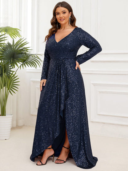 Plus Size Sequin V-Neck Long Sleeve High Slit Bodycon Evening Dress #color_Navy Blue