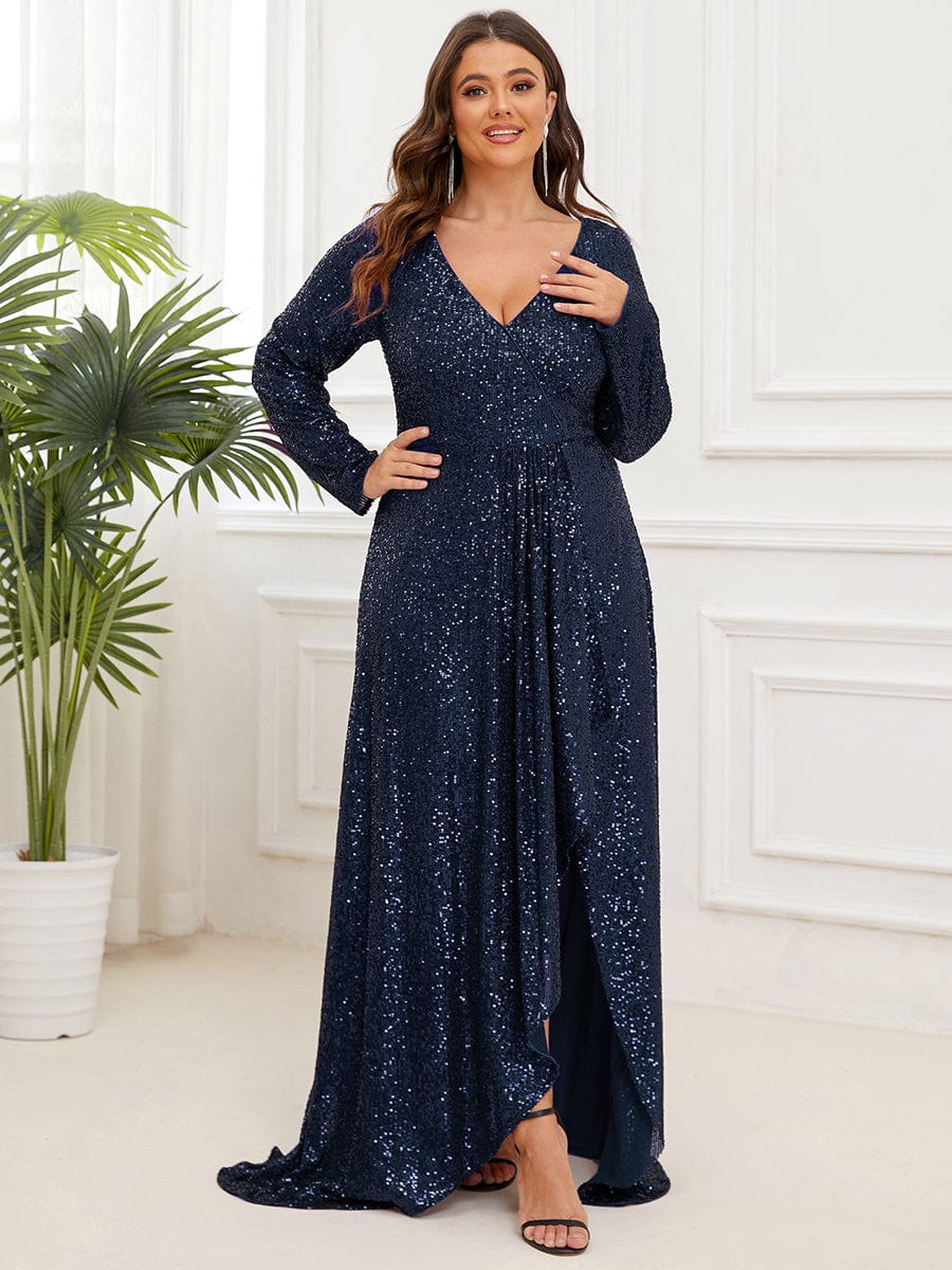 Plus Size Sequin V-Neck Long Sleeve High Slit Bodycon Evening Dress #color_Navy Blue