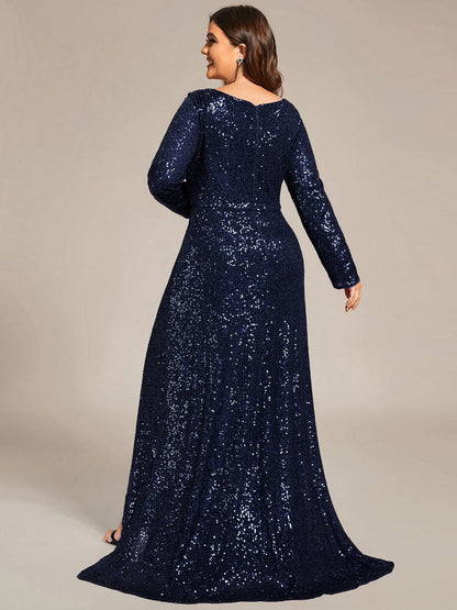 Custom Size Sequin Long Sleeve V-Neck High Slit Bodycon Evening Dress #color_Navy Blue