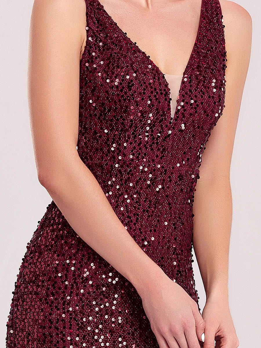 Sleeveless V-Neck High Slit Sequin Evening Dress #color_Burgundy 