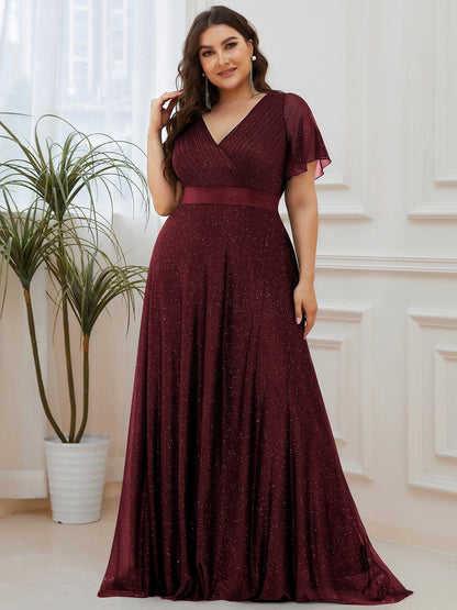 Sparkling Short Sleeve V-Neck Ribbon Waist Plus Size Formal Evening Dress #color_Burgundy