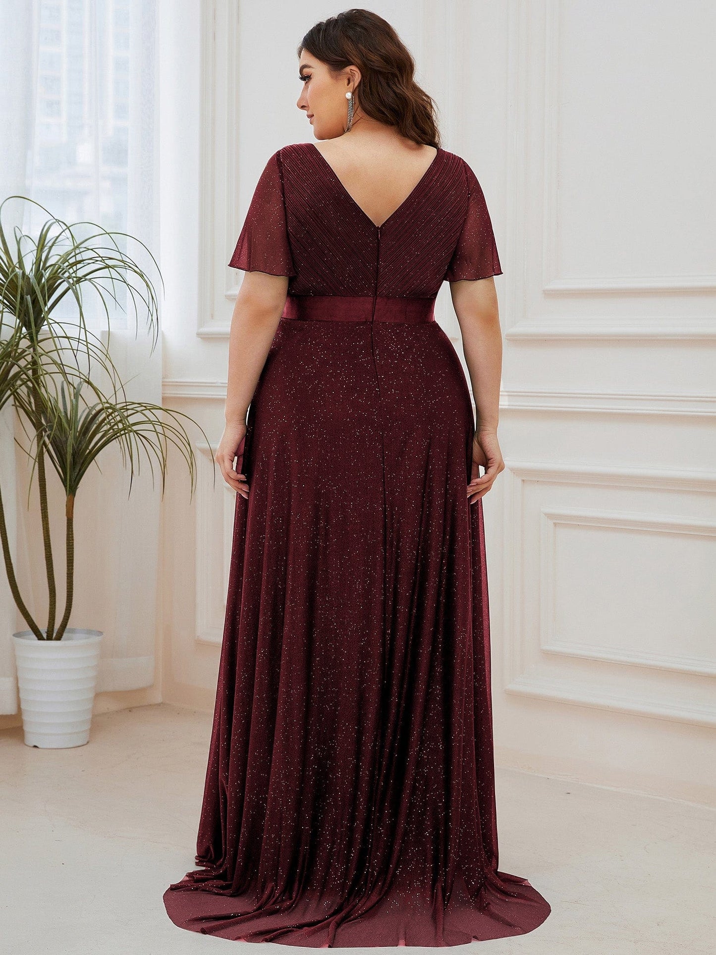 Custom Size V Neck Ribbon Waist Formal Evening Dress With Sleeves #color_Burgundy