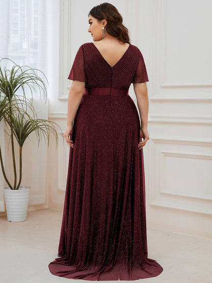 Sparkling Short Sleeve V-Neck Ribbon Waist A-Line Evening Dress #color_Burgundy