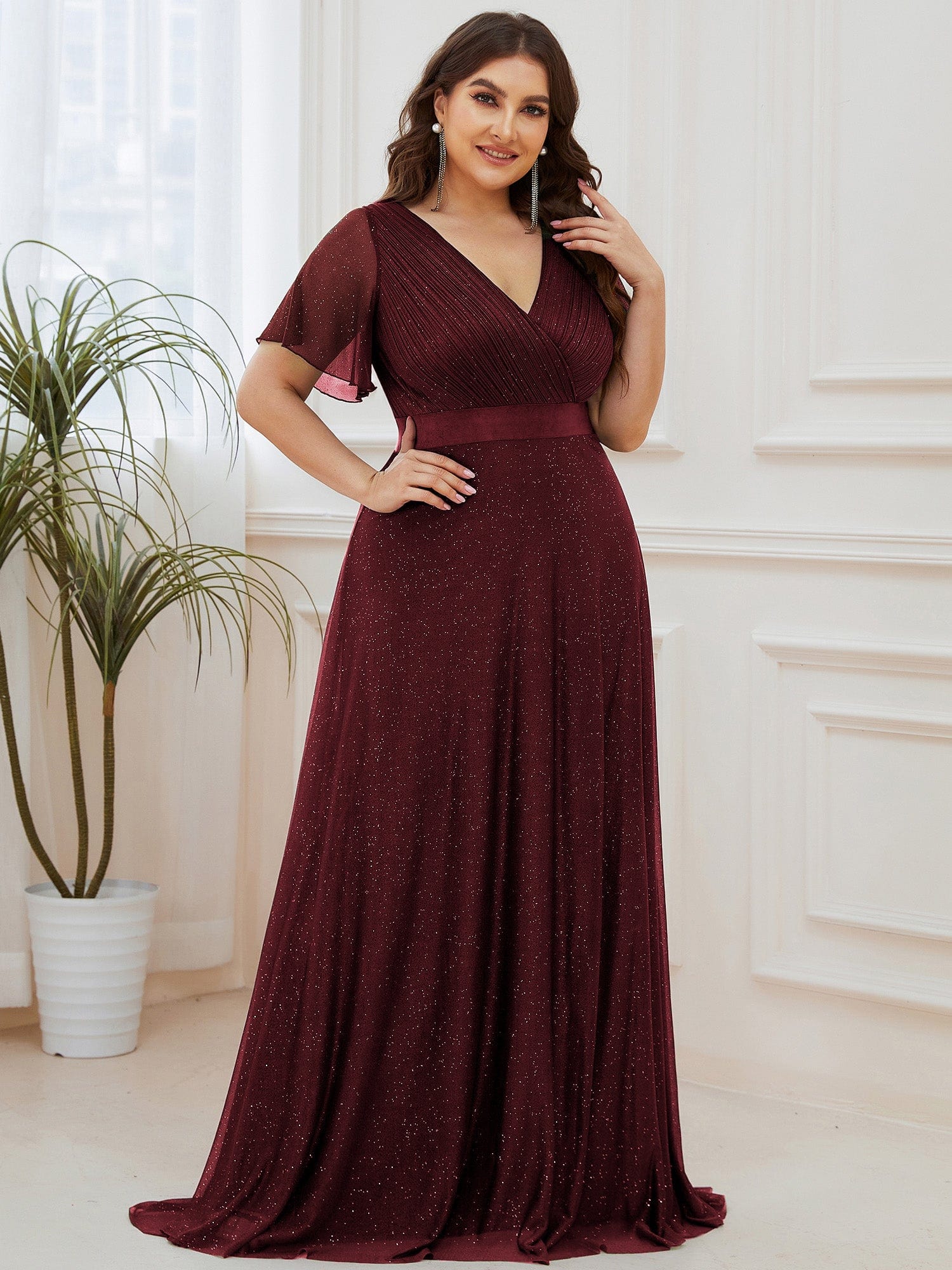 Custom Size V Neck Ribbon Waist Formal Evening Dress With Sleeves #color_Burgundy