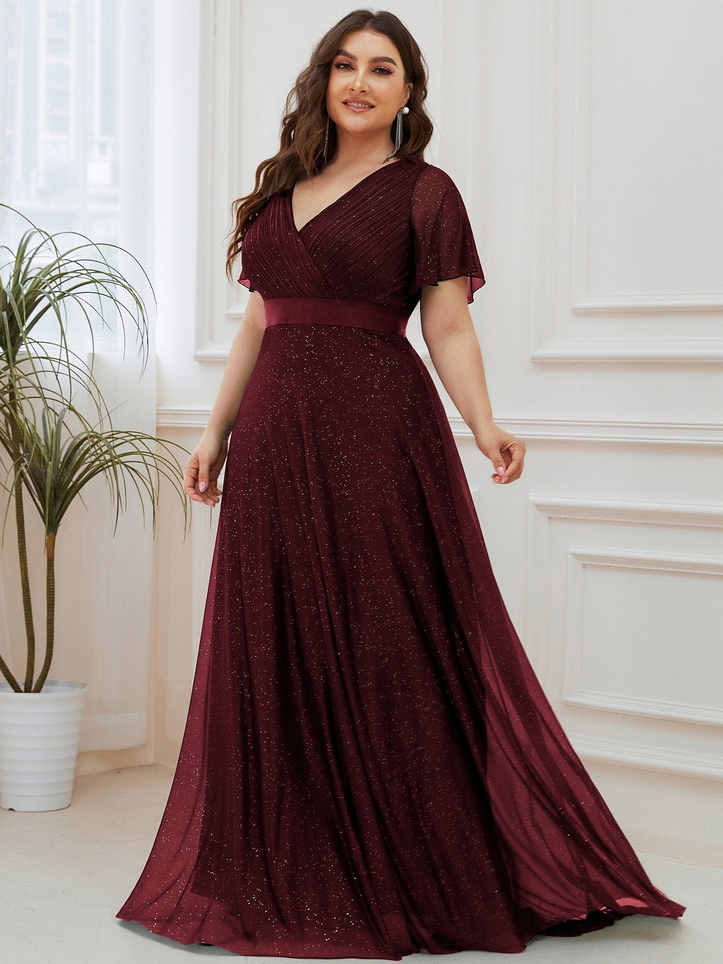 Sparkling Short Sleeve V-Neck Ribbon Waist A-Line Evening Dress #color_Burgundy