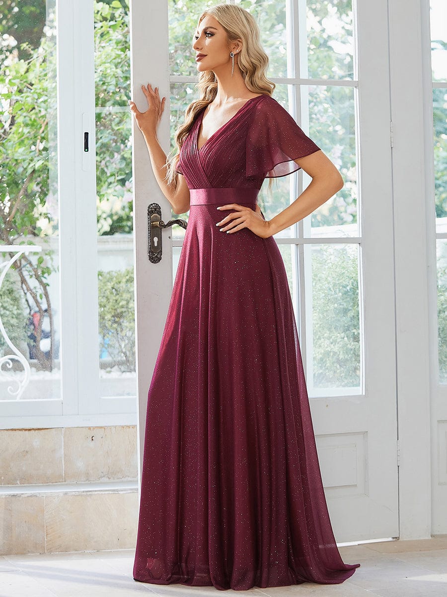 Sparkling Short Sleeve V-Neck Ribbon Waist A-Line Evening Dress #color_Burgundy