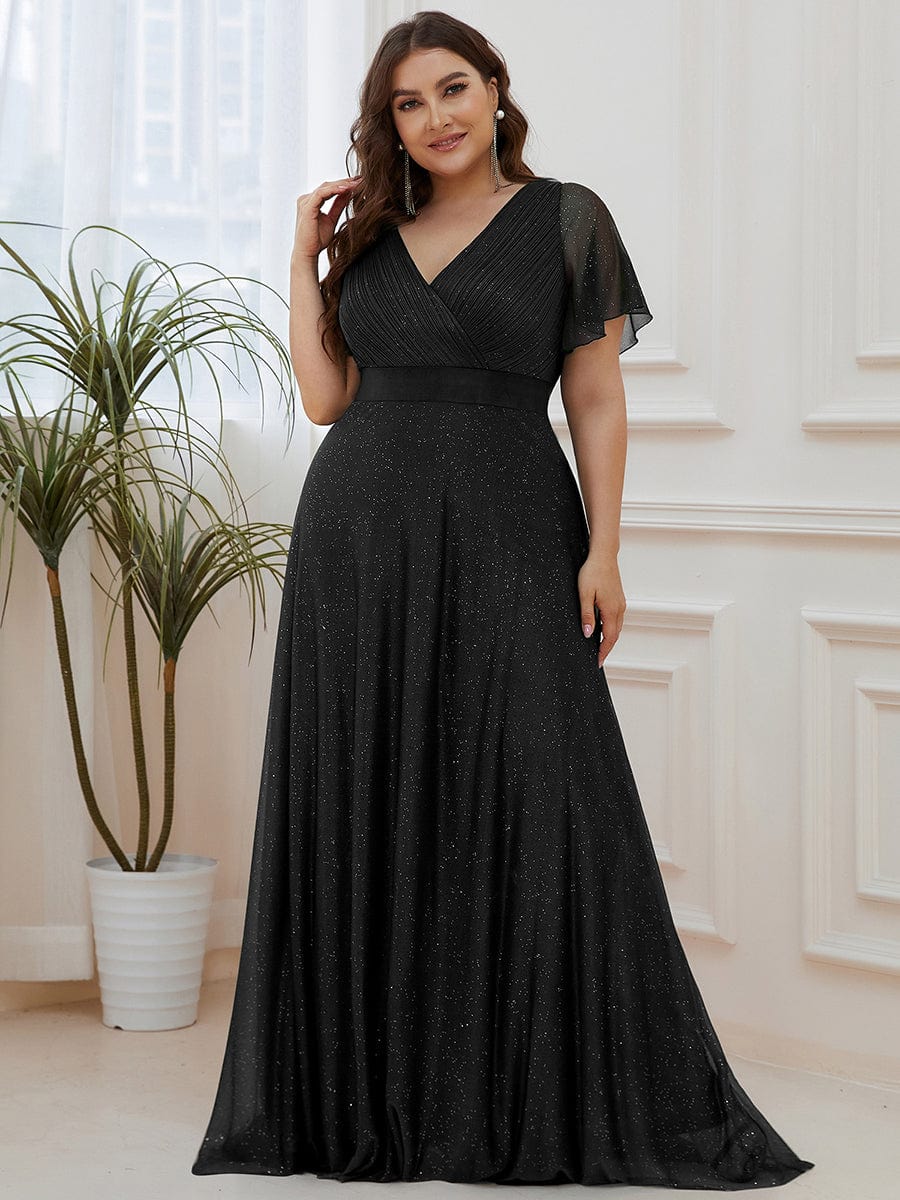 Sparkling Short Sleeve V-Neck Ribbon Waist Plus Size Formal Evening Dress #color_Black