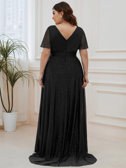 Sparkling Short Sleeve V-Neck Ribbon Waist A-Line Evening Dress #color_Black