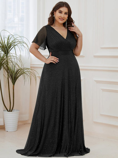 Custom Size V Neck Ribbon Waist Formal Evening Dress With Sleeves #color_Black