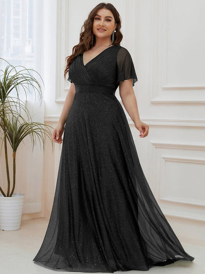 Custom Size V Neck Ribbon Waist Formal Evening Dress With Sleeves #color_Black