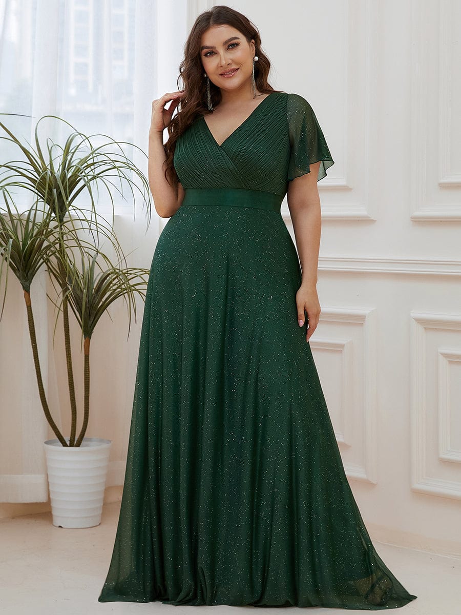 Sparkling Short Sleeve V-Neck Ribbon Waist Plus Size Formal Evening Dress #color_Dark Green