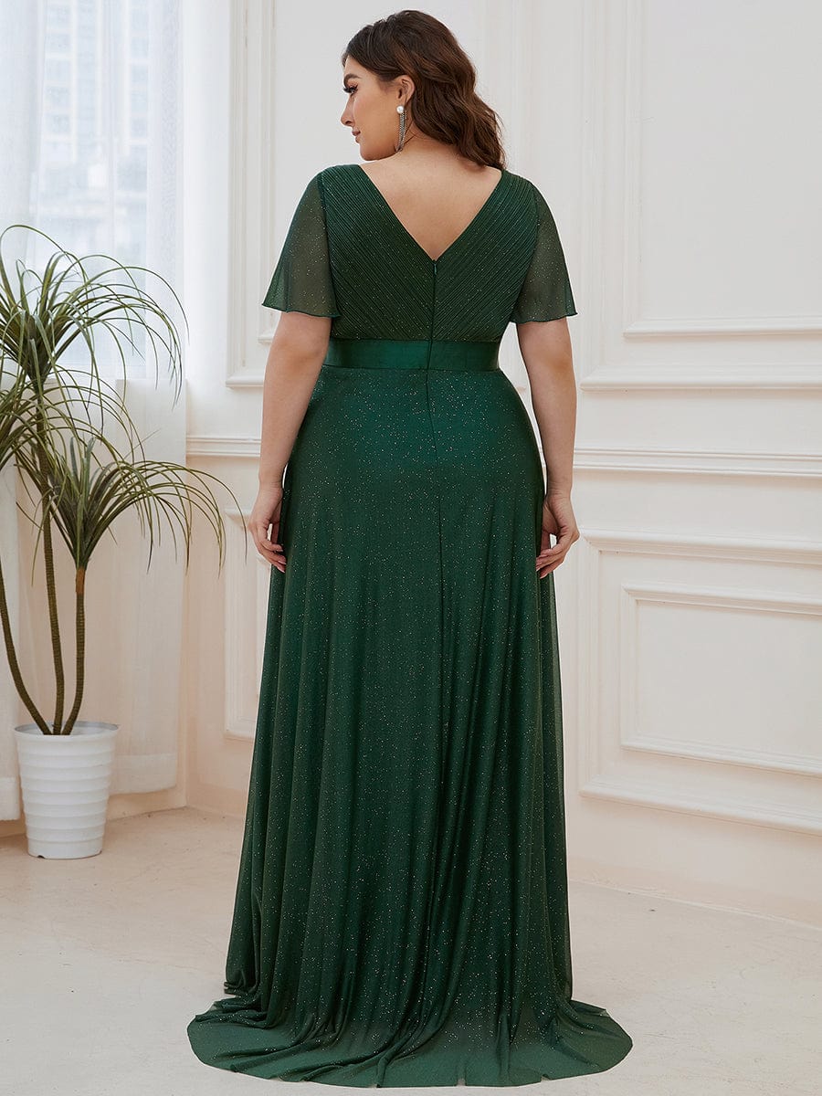 Sparkling Short Sleeve V-Neck Ribbon Waist A-Line Evening Dress #color_Dark Green