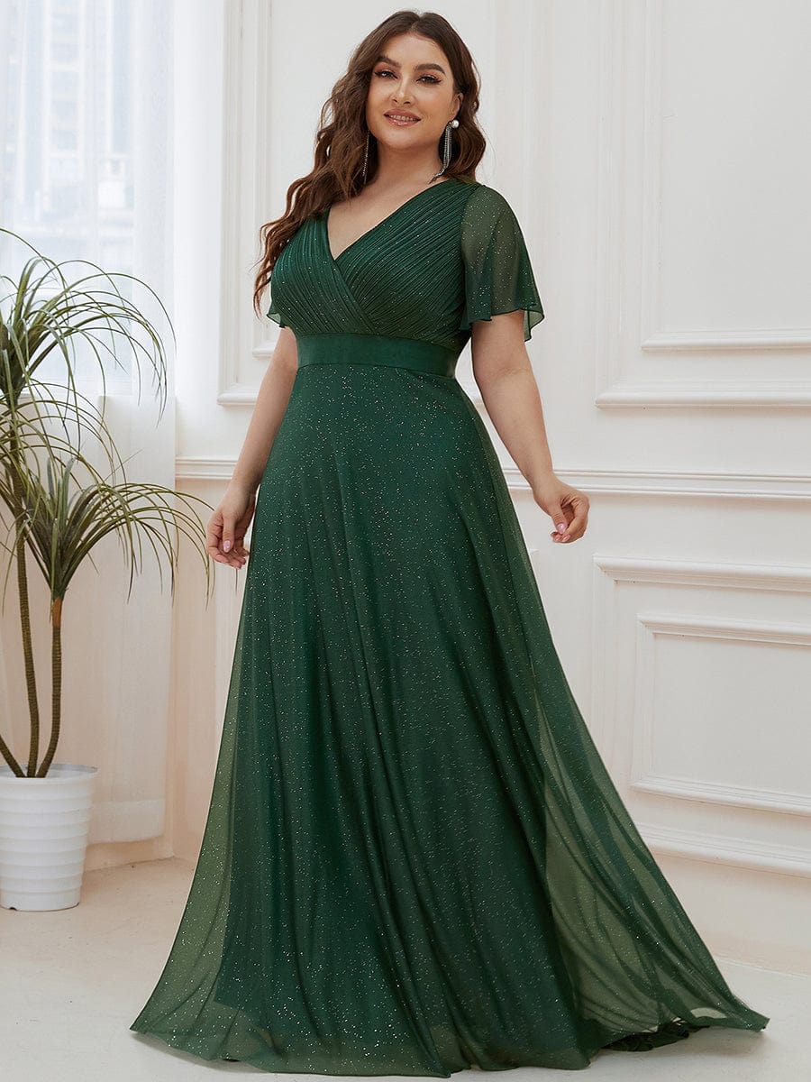 Custom Size V Neck Ribbon Waist Formal Evening Dress With Sleeves #color_Dark Green