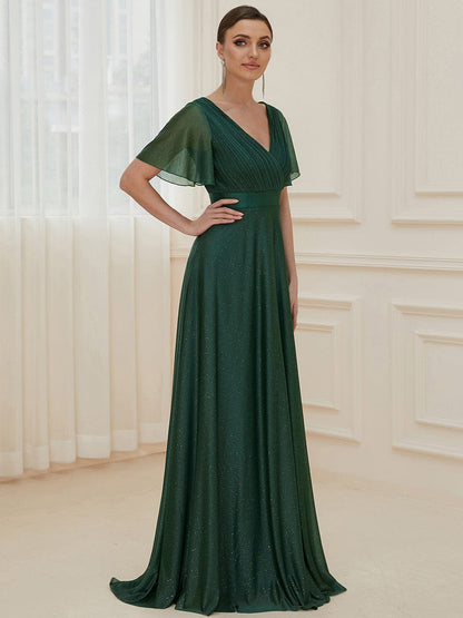 Sparkling Short Sleeve V-Neck Ribbon Waist A-Line Evening Dress #color_Dark Green