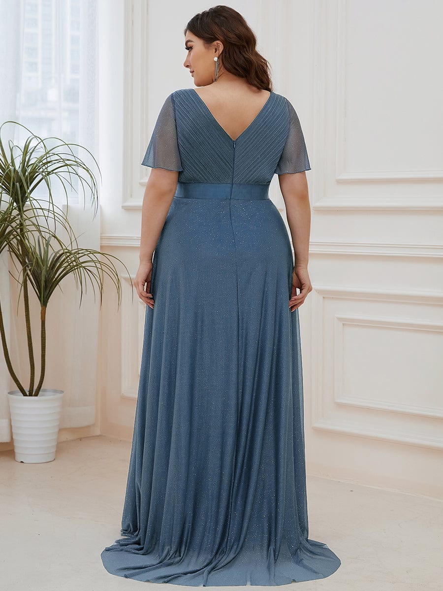 Sparkling Short Sleeve V-Neck Ribbon Waist Plus Size Formal Evening Dress #color_Dusty Navy