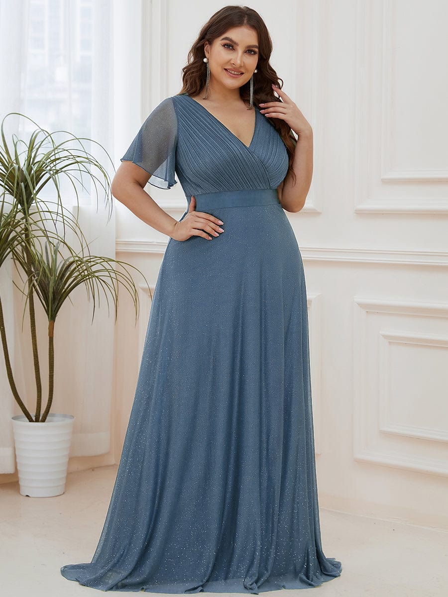 Sparkling Short Sleeve V-Neck Ribbon Waist A-Line Evening Dress #color_Dusty Navy