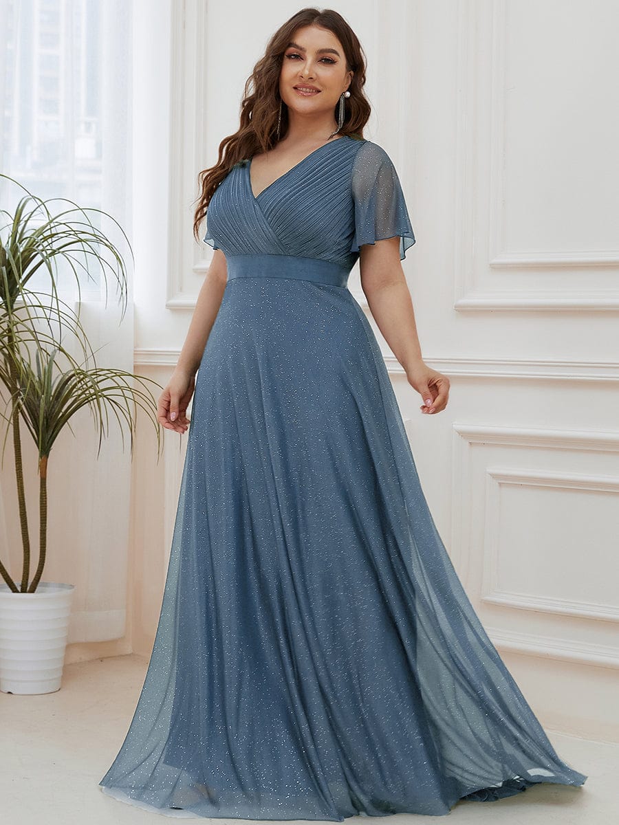 Sparkling Short Sleeve V-Neck Ribbon Waist Plus Size Formal Evening Dress #color_Dusty Navy