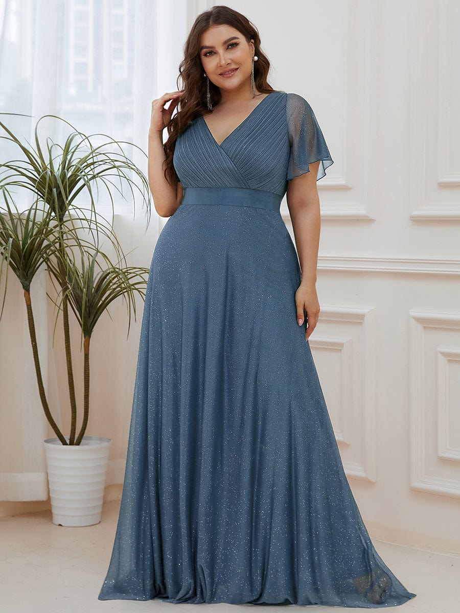 Sparkling Short Sleeve V-Neck Ribbon Waist Plus Size Formal Evening Dress #color_Dusty Navy