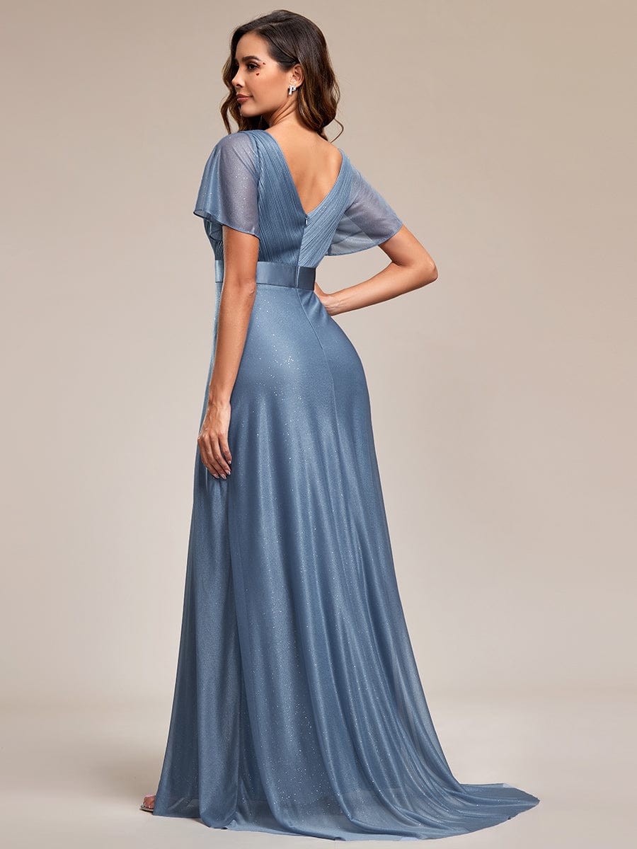 Sparkling Short Sleeve V-Neck Ribbon Waist A-Line Evening Dress #color_Dusty Navy