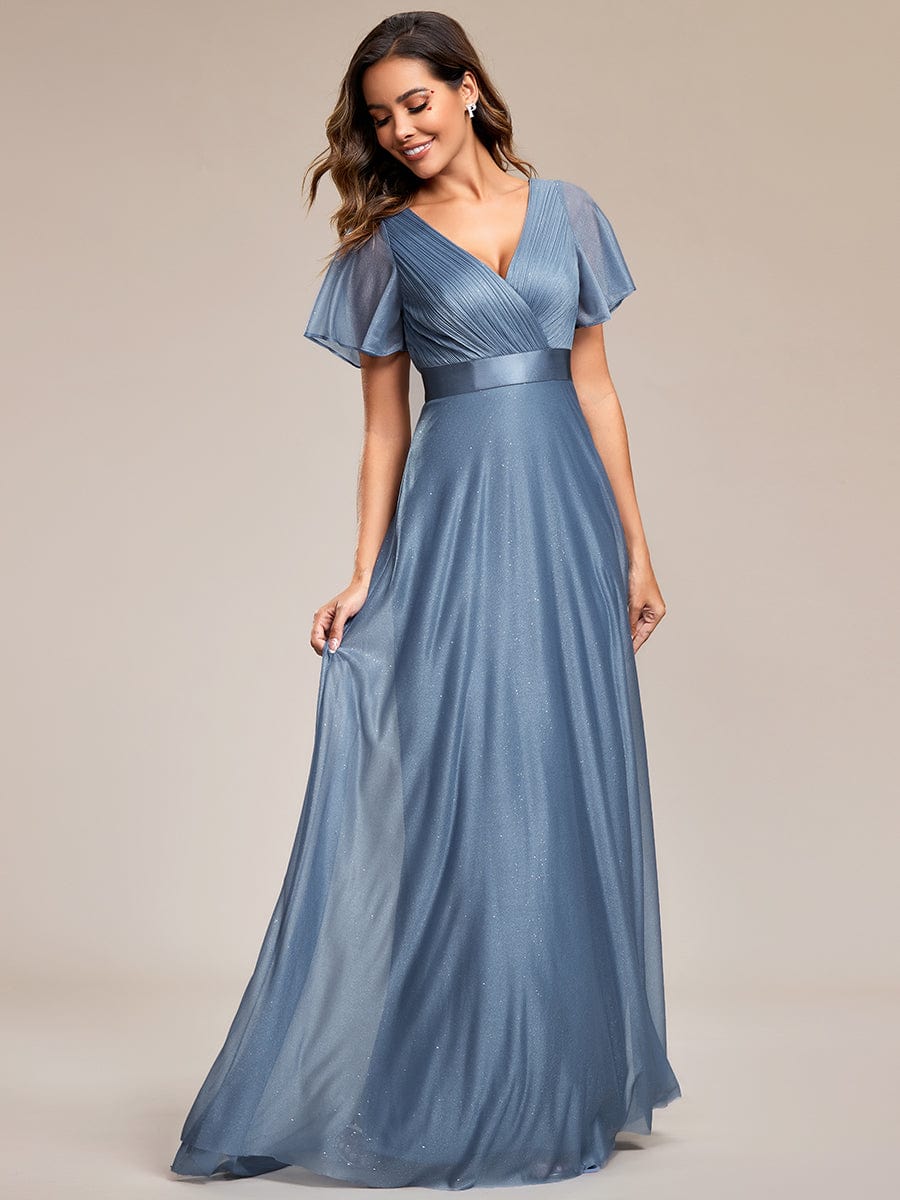 Sparkling Short Sleeve V-Neck Ribbon Waist A-Line Evening Dress #color_Dusty Navy