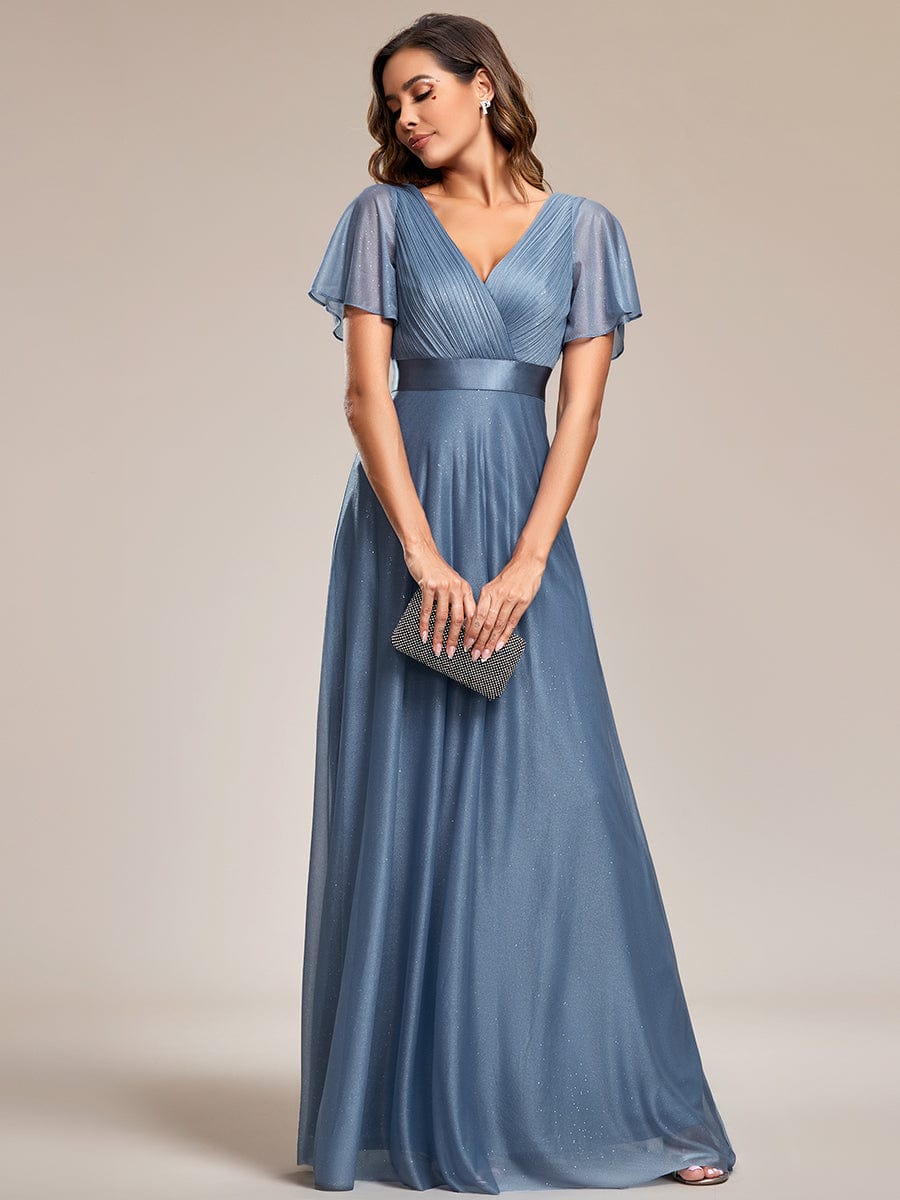 Sparkling Short Sleeve V-Neck Ribbon Waist A-Line Evening Dress #color_Dusty Navy