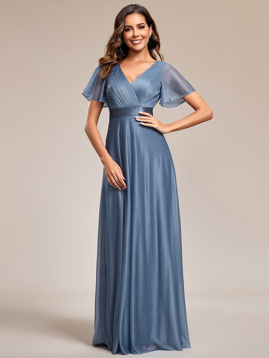 Sparkling Short Sleeve V-Neck Ribbon Waist A-Line Evening Dress #color_Dusty Navy