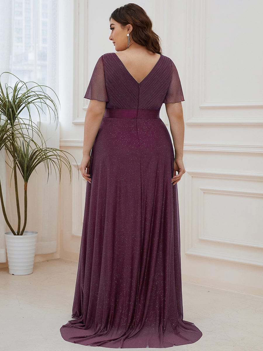 Sparkling Short Sleeve V-Neck Ribbon Waist A-Line Evening Dress #color_Dark Purple