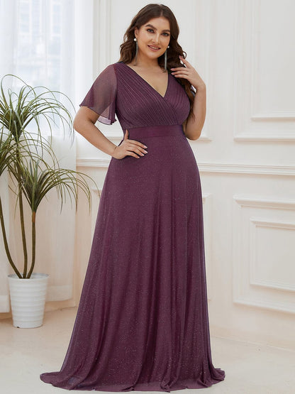 Custom Size V Neck Ribbon Waist Formal Evening Dress With Sleeves #color_Dark Purple