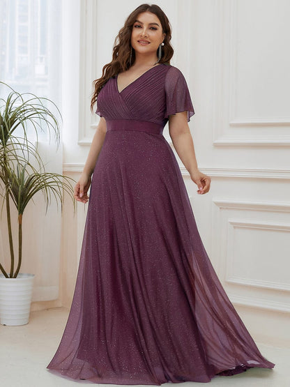 Custom Size V Neck Ribbon Waist Formal Evening Dress With Sleeves #color_Dark Purple