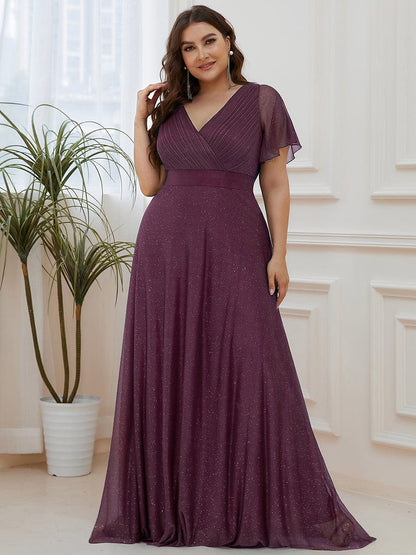 Custom Size V Neck Ribbon Waist Formal Evening Dress With Sleeves #color_Dark Purple