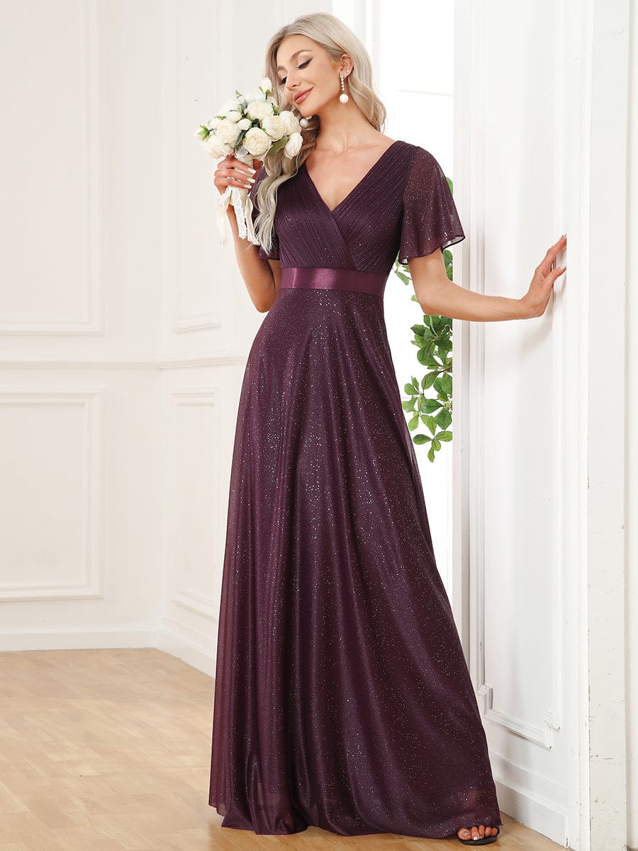 Sparkling Short Sleeve V-Neck Ribbon Waist A-Line Evening Dress #color_Dark Purple