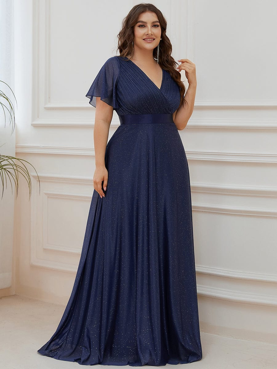 Sparkling Short Sleeve V-Neck Ribbon Waist Plus Size Formal Evening Dress #color_Navy Blue