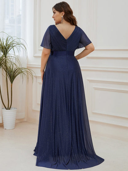 Sparkling Short Sleeve V-Neck Ribbon Waist A-Line Evening Dress #color_Navy Blue