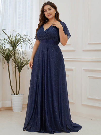 Custom Size V Neck Ribbon Waist Formal Evening Dress With Sleeves #color_Navy Blue