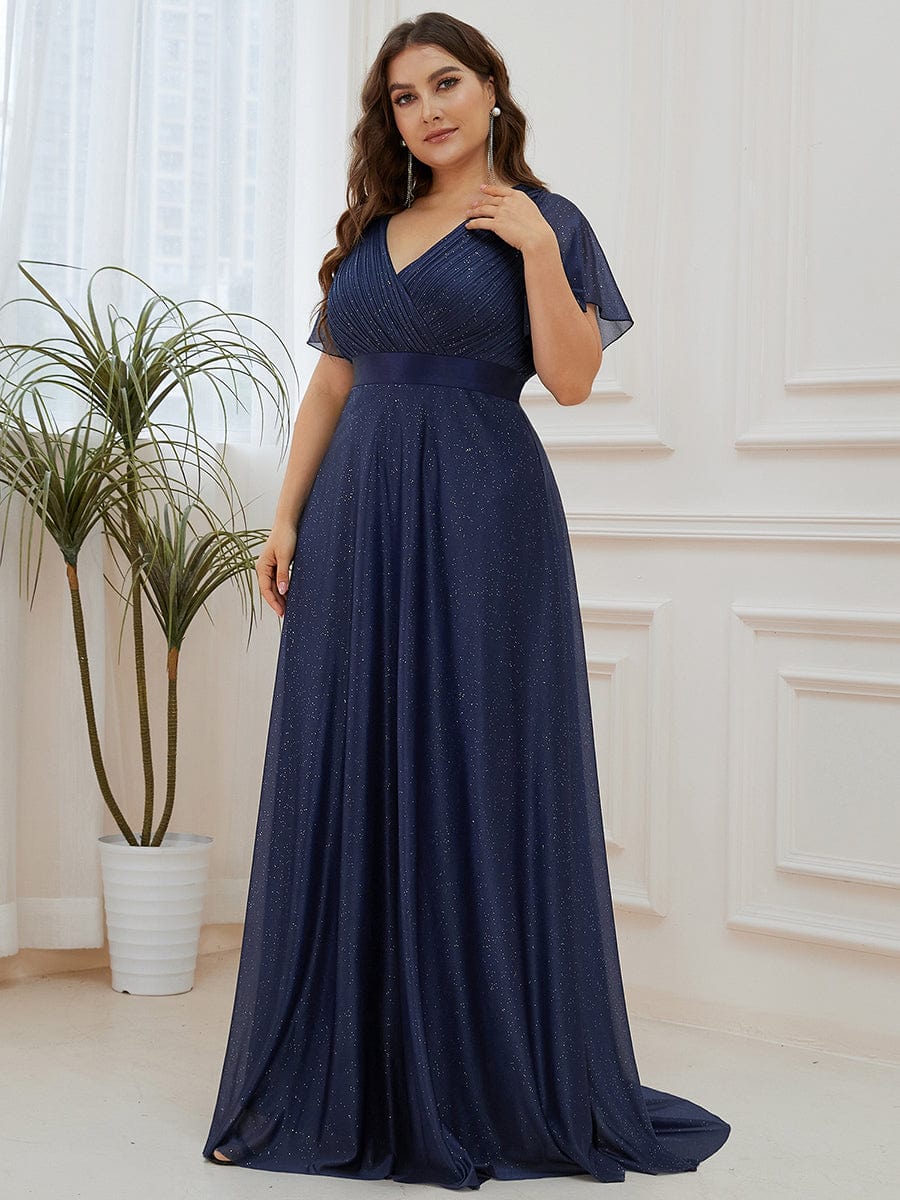 Sparkling Short Sleeve V-Neck Ribbon Waist A-Line Evening Dress #color_Navy Blue