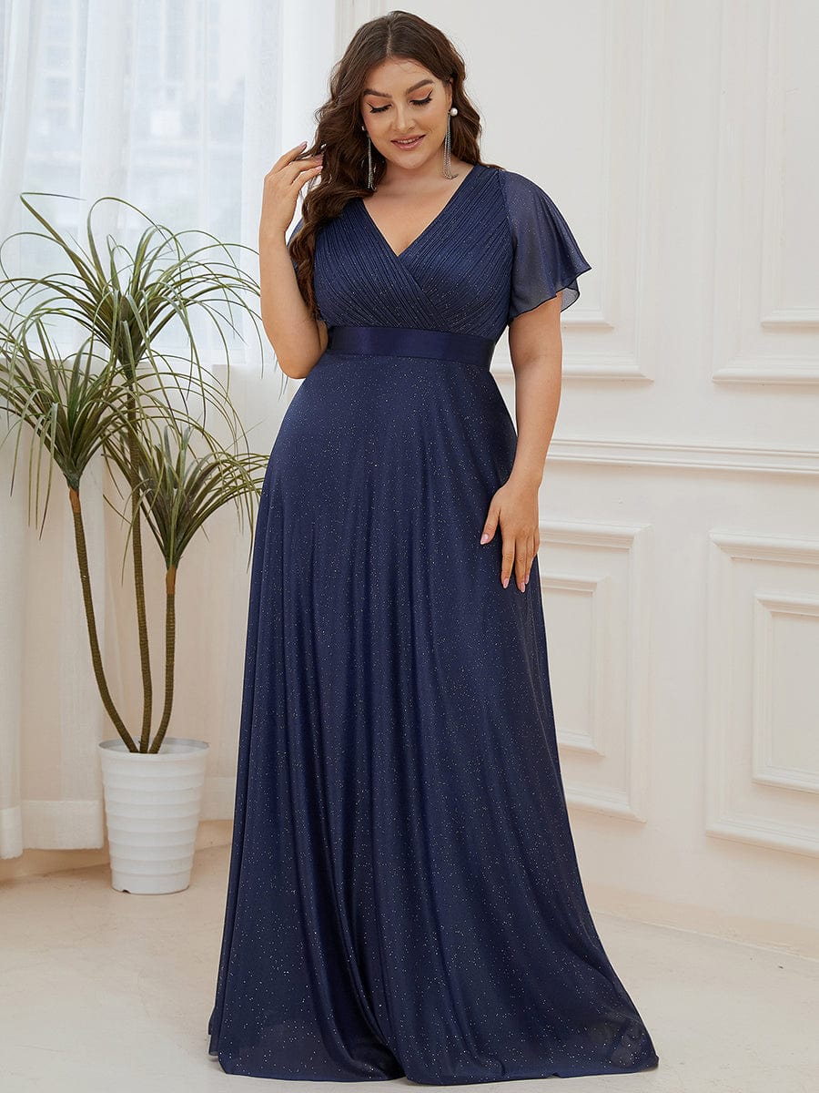 Custom Size V Neck Ribbon Waist Formal Evening Dress With Sleeves #color_Navy Blue