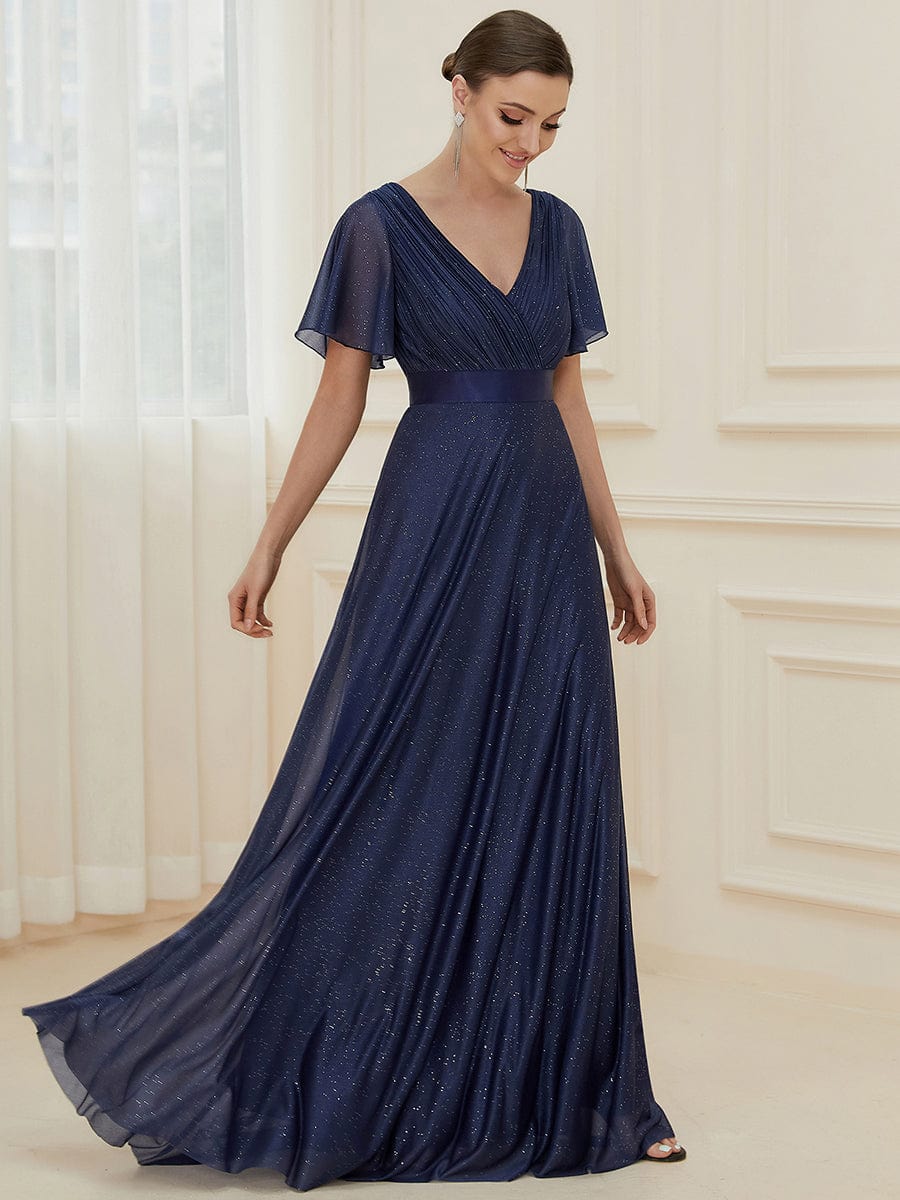 Sparkling Short Sleeve V-Neck Ribbon Waist A-Line Evening Dress #color_Navy Blue